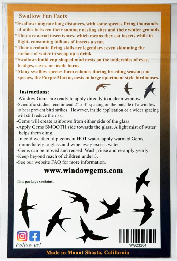 Window Gems - Swallows - Window Clings Bird Strike Prevention Decals