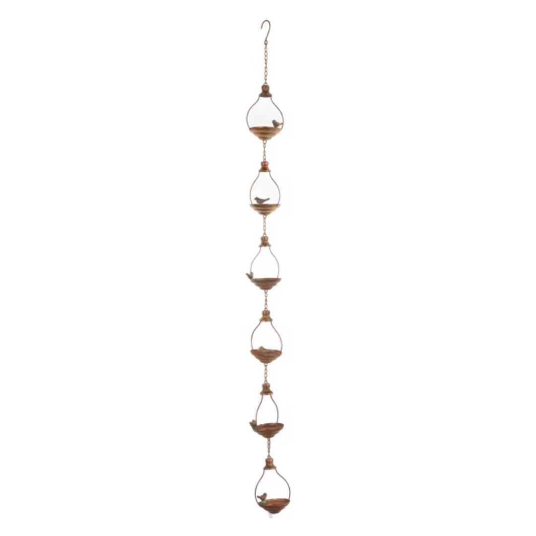 Rain Chain - Copper Patina Birds on Saucers