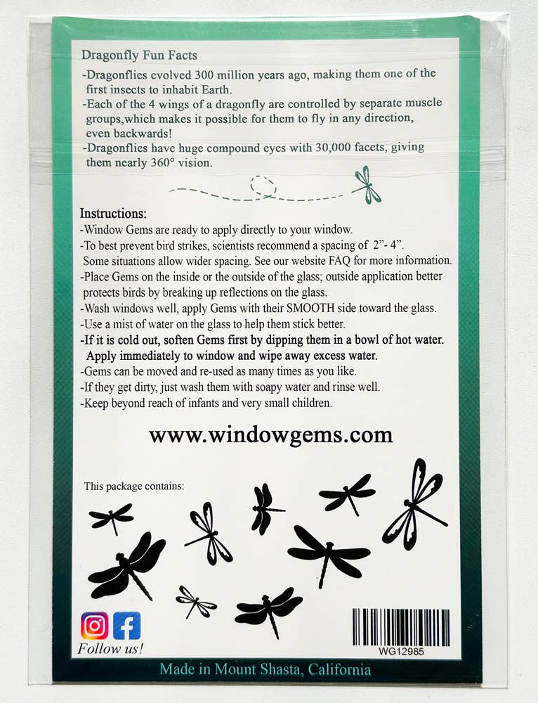 Window Gems - Dragonfly - Window Clings Bird Strike Prevention Decals