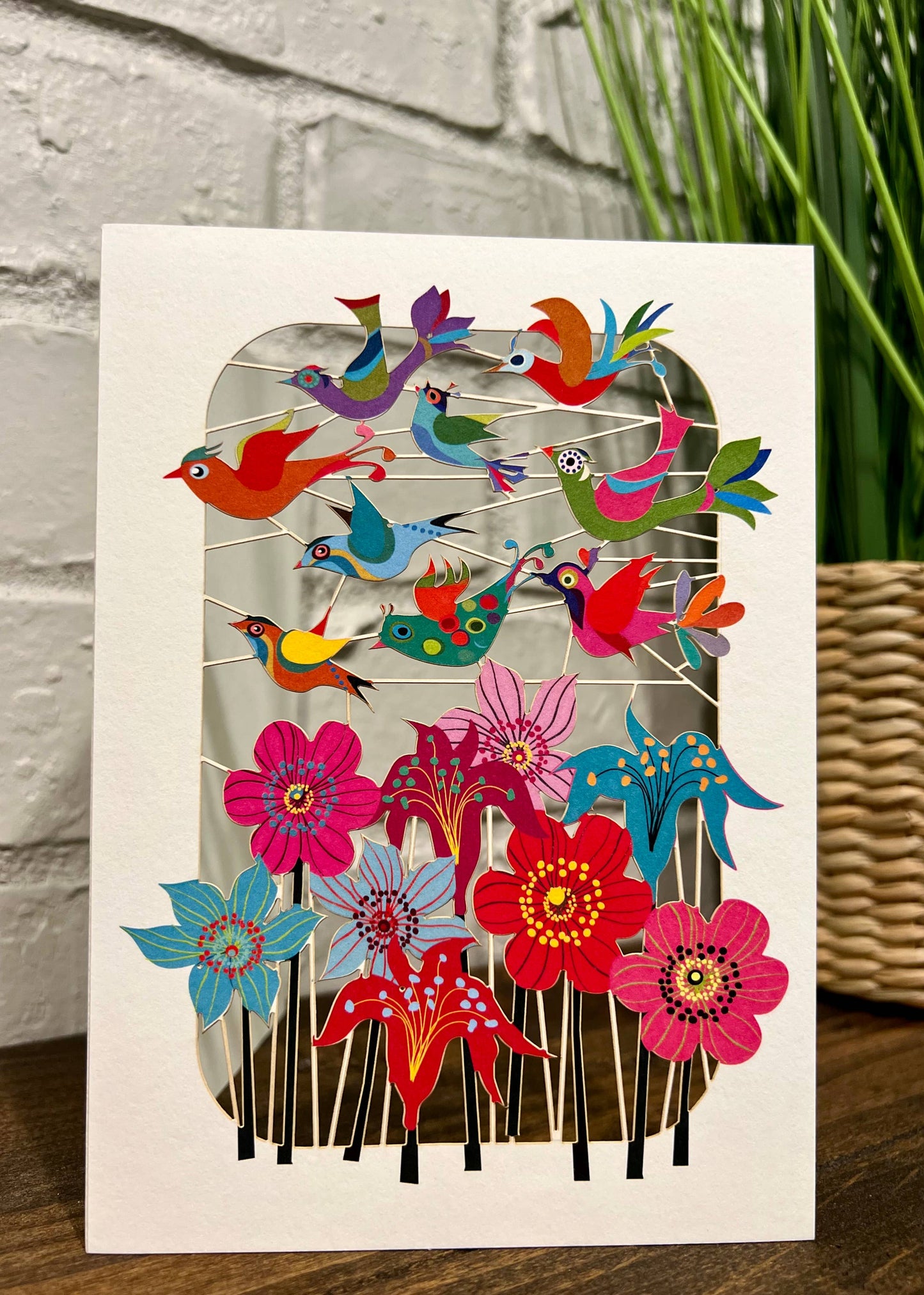 Greeting Card - Laser Cut & Frameable - Birds Flying Over Flowers (Single Card)