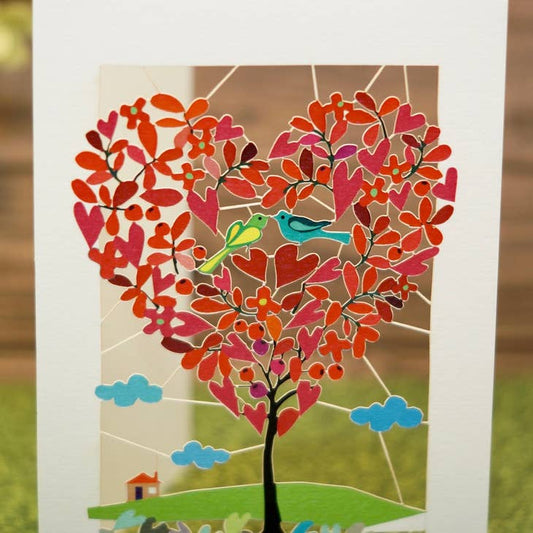 Greeting Card - Laser Cut & Frameable - Two Birds in Heart Tree (Single Card)