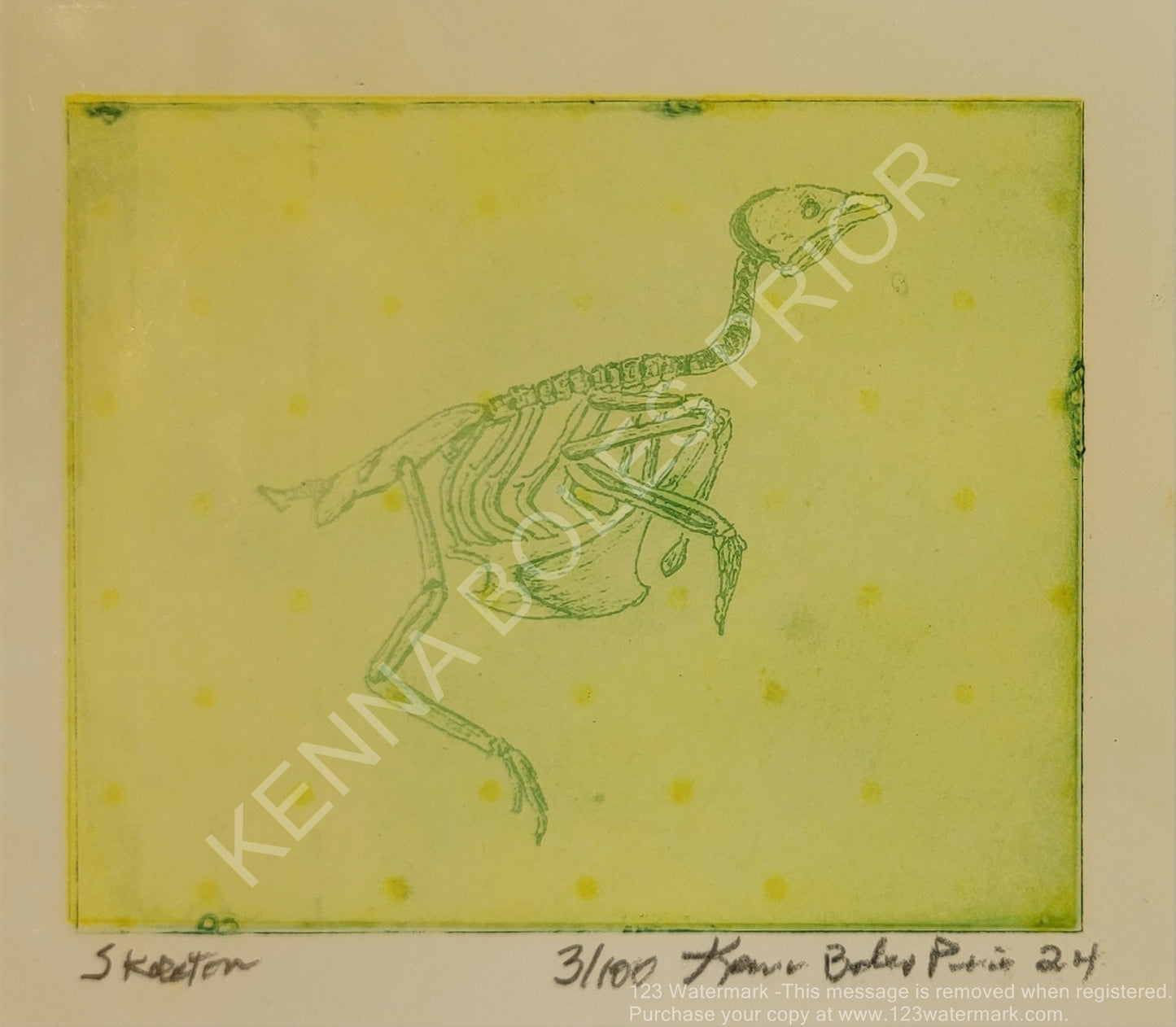 Kenna Boles Prior Original Artwork - 4" x 5" Photogravure - Bird Skeleton