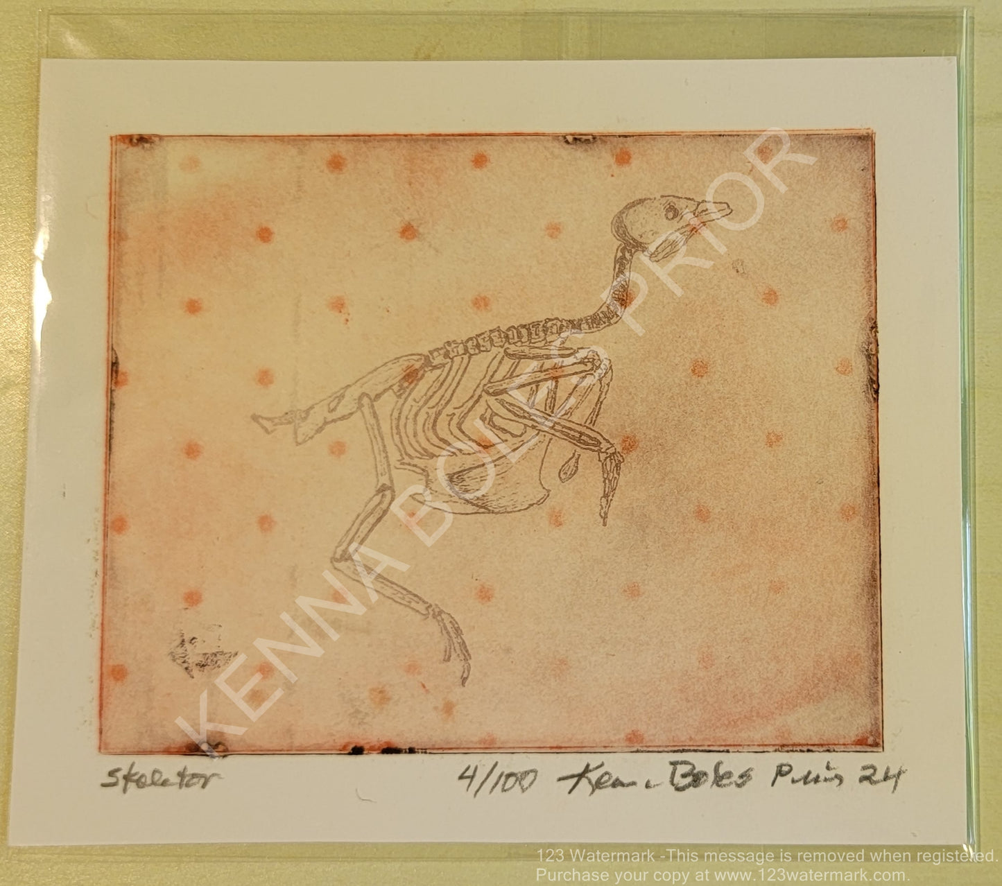 Kenna Boles Prior Original Artwork - 4" x 5" Photogravure - Bird Skeleton