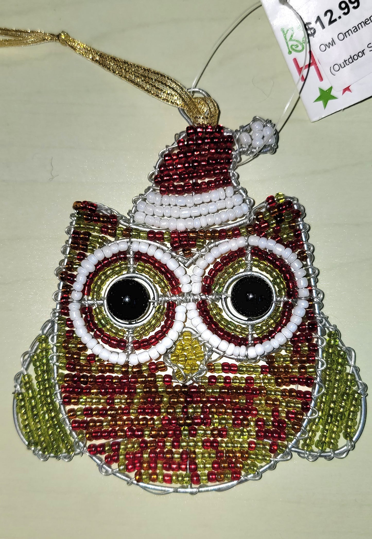 Holiday - Beaded Art Ornament - Owl with Santa Hat