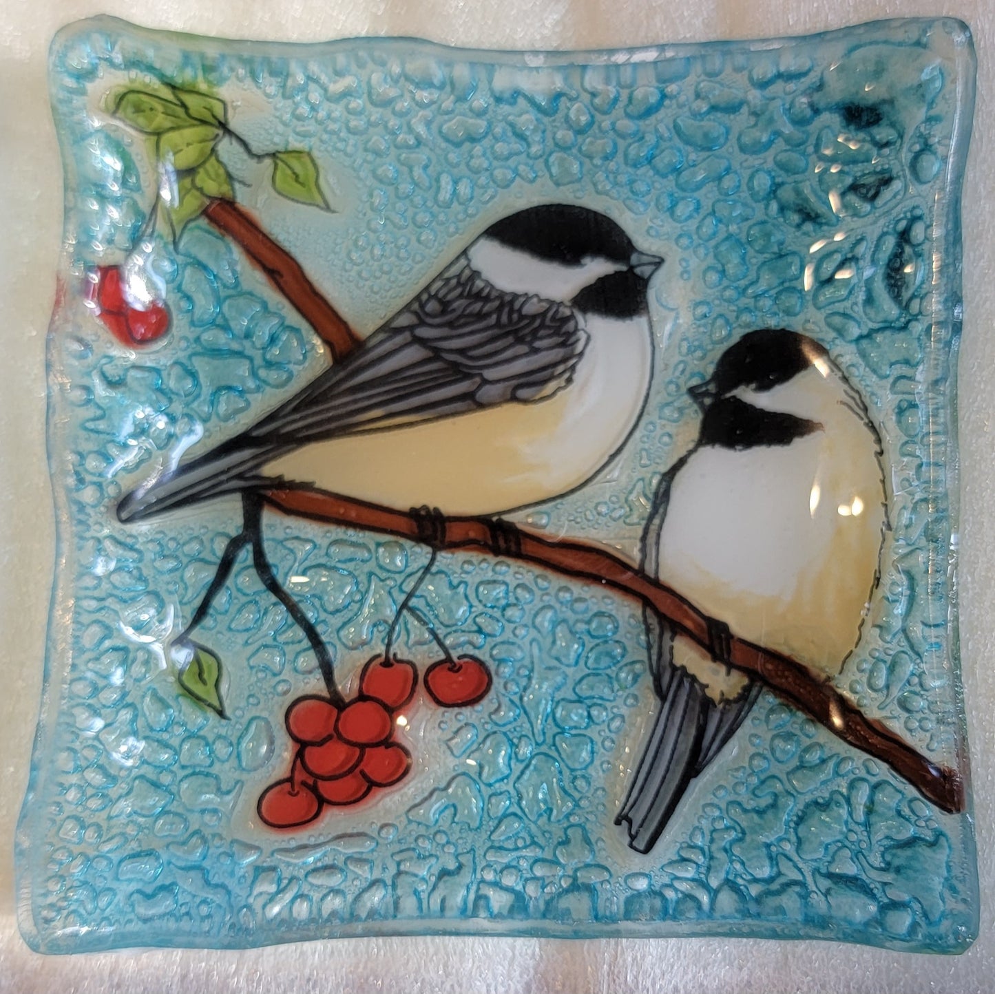 Trinket Dish Glass Art - Chickadee Pair