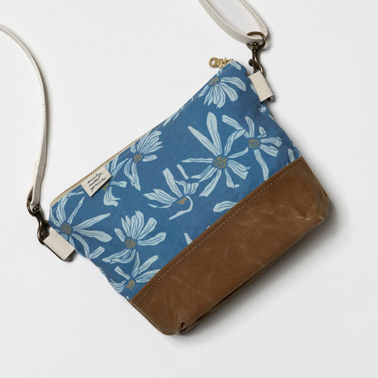 Small Crossbody Bag - Waxed Canvas - Blue Daisy