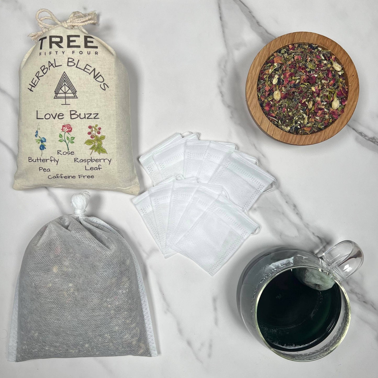 Loose Tea in Drawstring Sachet - Tree Fifty Four - Love Buzz Herbal Tea Blend (3oz)