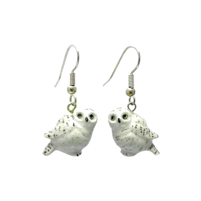 Earrings - Hand-Painted Porcelain - Snowy Owls