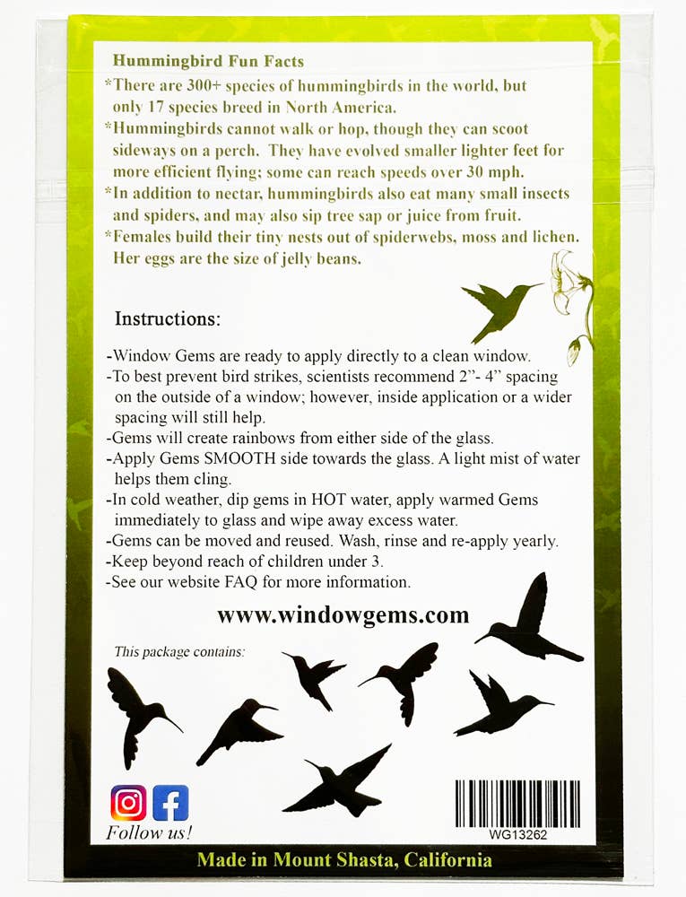 Window Gems - Hummingbirds - Window Clings Bird Strike Prevention Decals