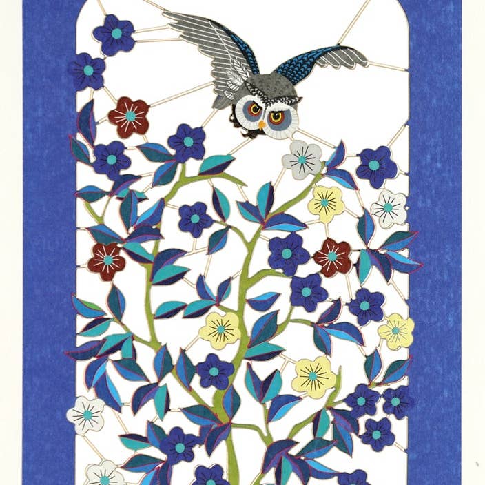 Greeting Card - Laser Cut & Frameable - Owl Flying Over Flowers (Single Card)