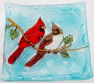 Trinket Dish Glass Art - Cardinal Couple