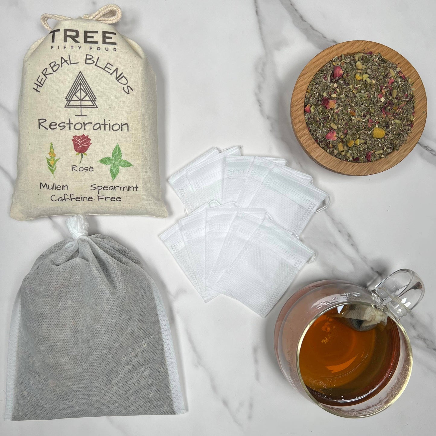 Loose Tea in Drawstring Sachet - Tree Fifty Four - Restoration Herbal Tea Blend (3oz)