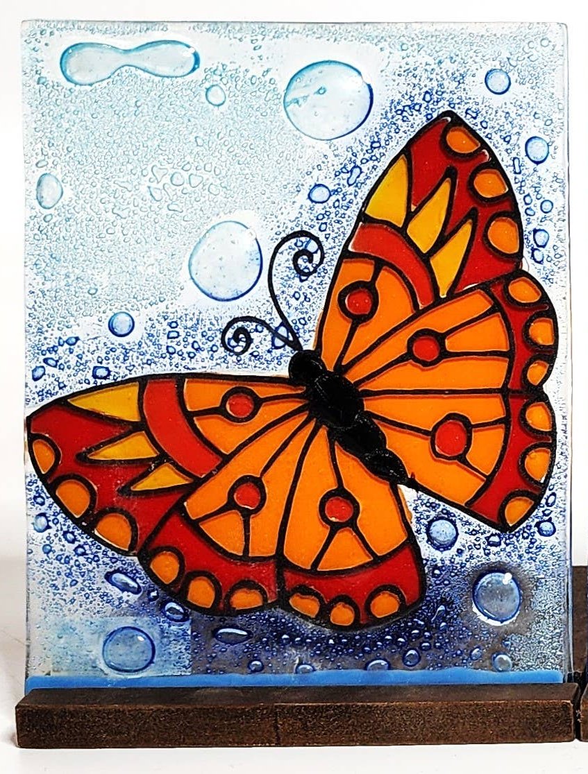 Tea Light Holder - Glass Art - Butterfly (Orange)