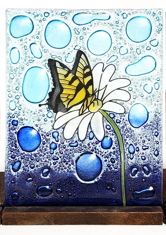 Tea Light Holder - Glass Art - Butterfly (Yellow)