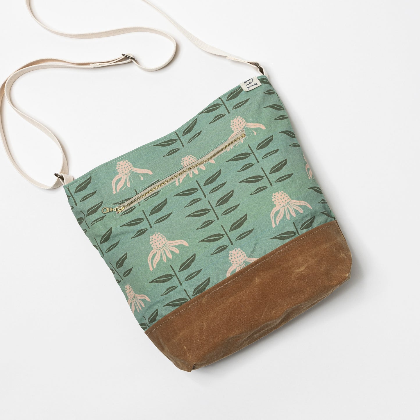 Crossbody Bag - Waxed Canvas - Teal Echinacea