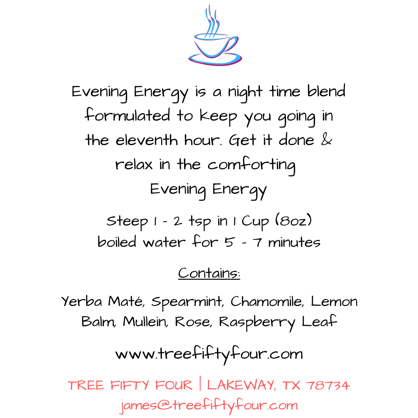 Loose Tea in Drawstring Sachet - Tree Fifty Four - Evening Energy Herbal Tea Blend (3oz)