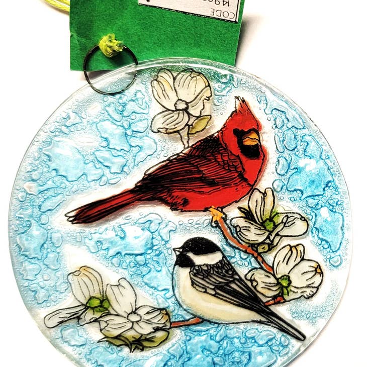 Glass Art Ornament/Suncatcher - Cardinal & Chickadee with Dogwood Blooms