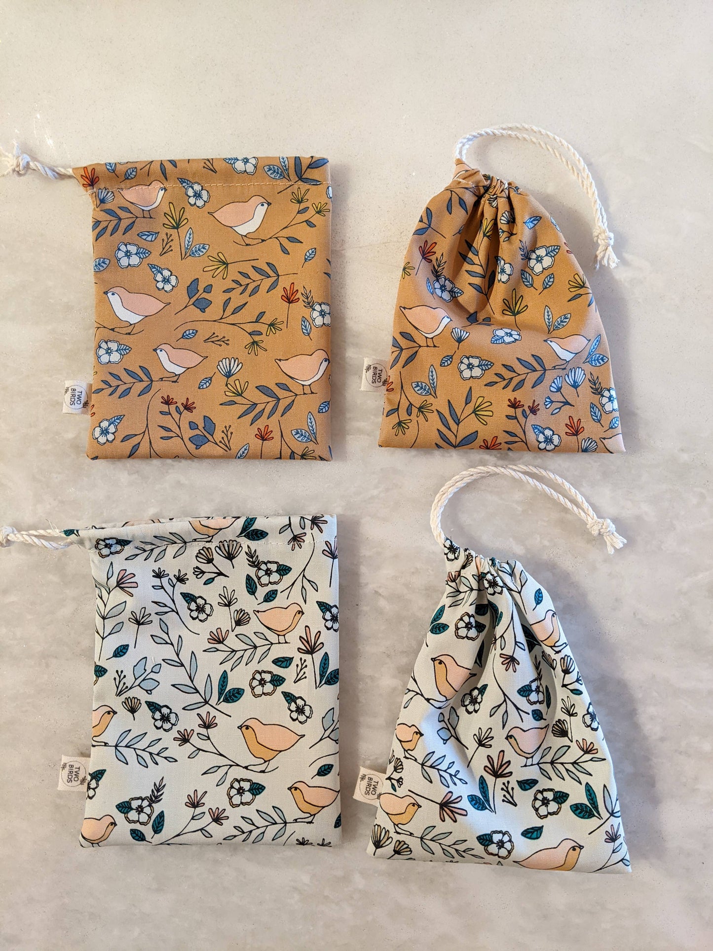 Reusable Fabric Gift Bag - Small with Birds (choose color)