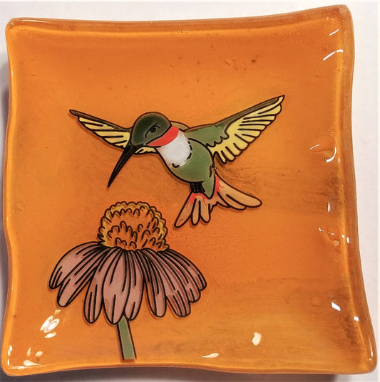 Trinket Dish Glass Art - Hummingbird on Orange