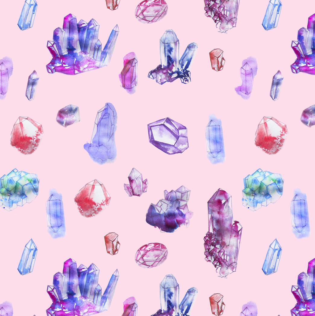 Scarf - Crystals on Pink | Watercolor + Digital Art (Polyester 33" x 72")