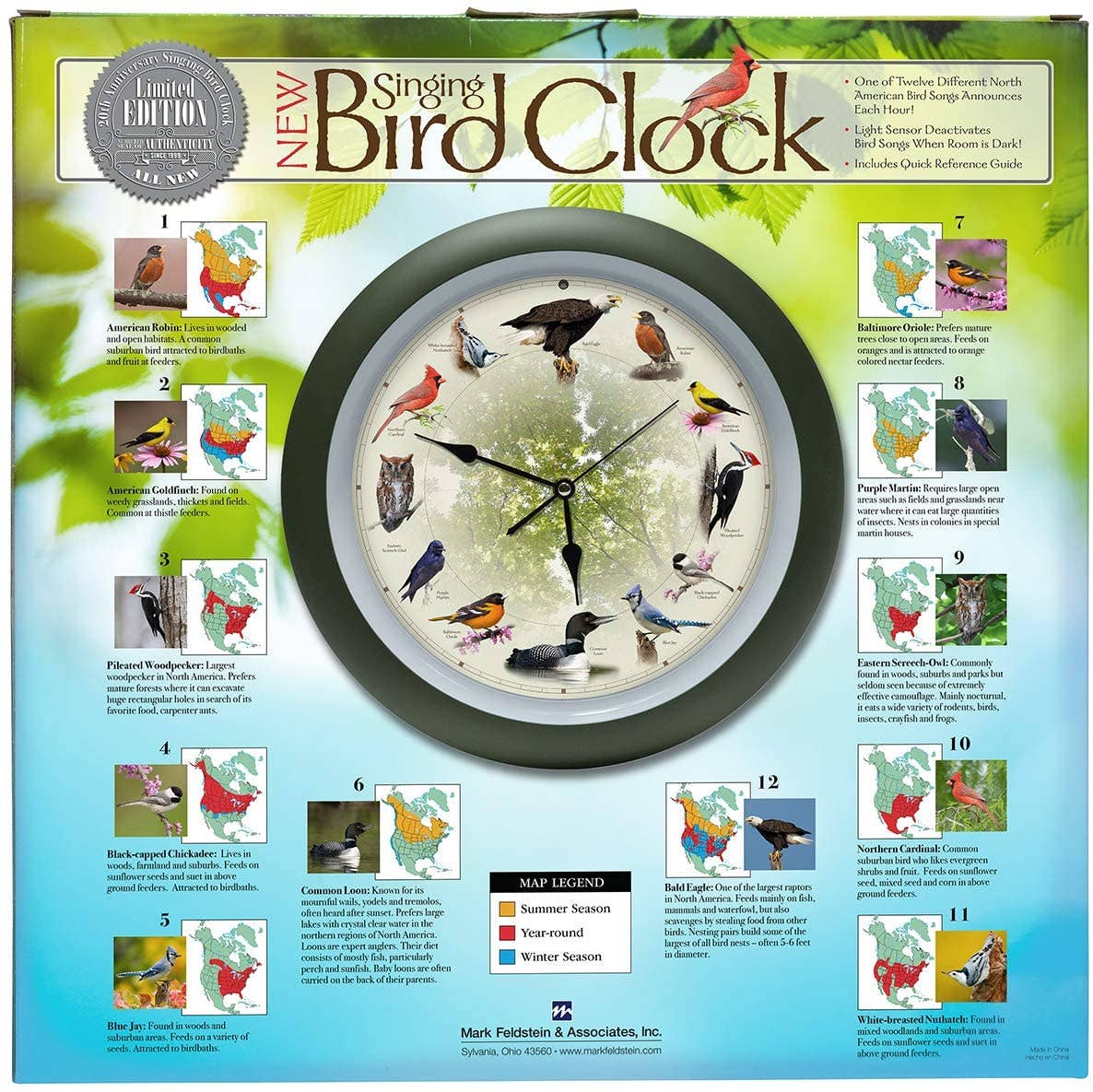 Decor - Singing Bird Clock - 20th Anniversary - 13" Green Frame