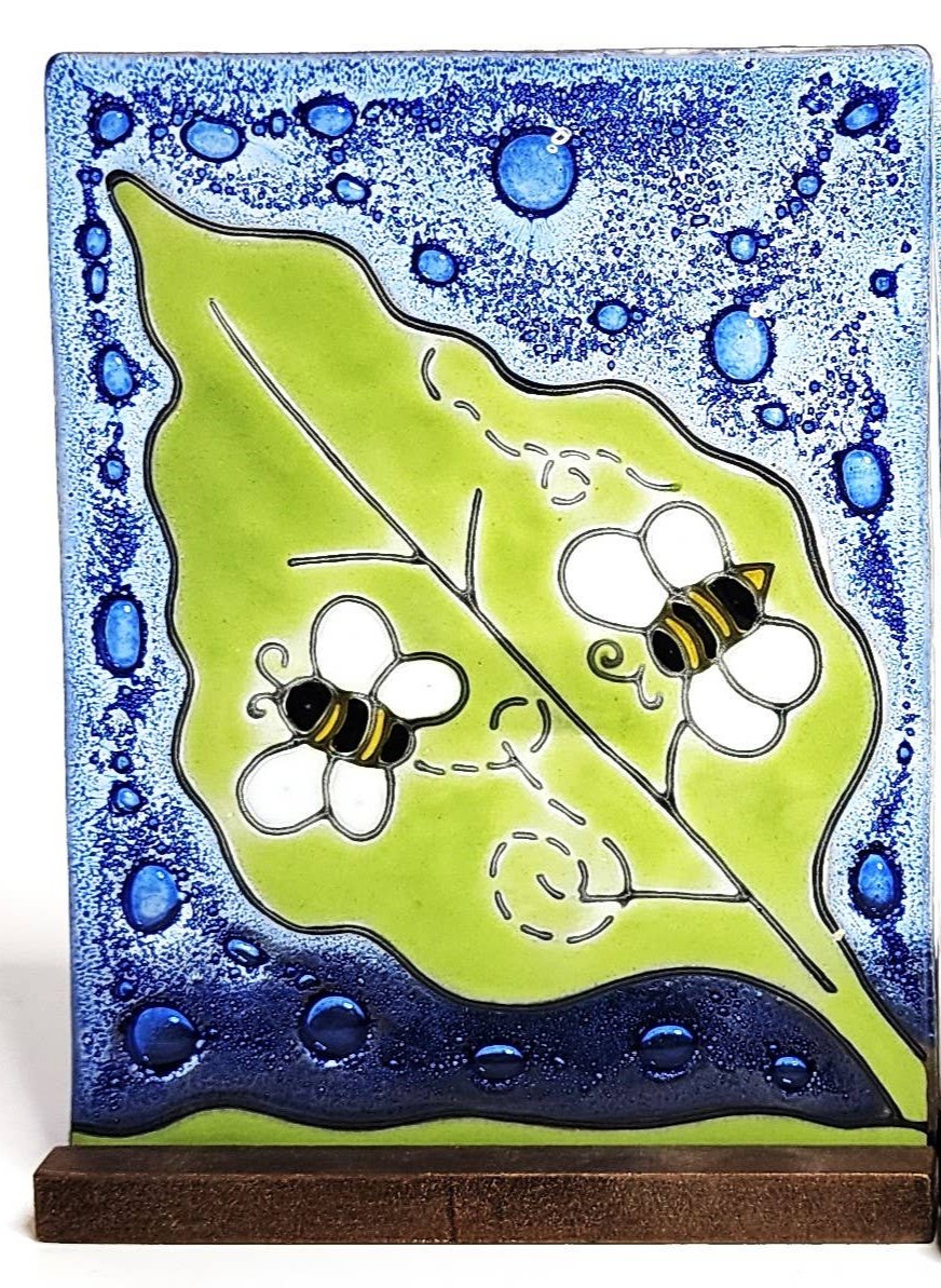 Tea Light Holder - Glass Art - Bees on Leaf