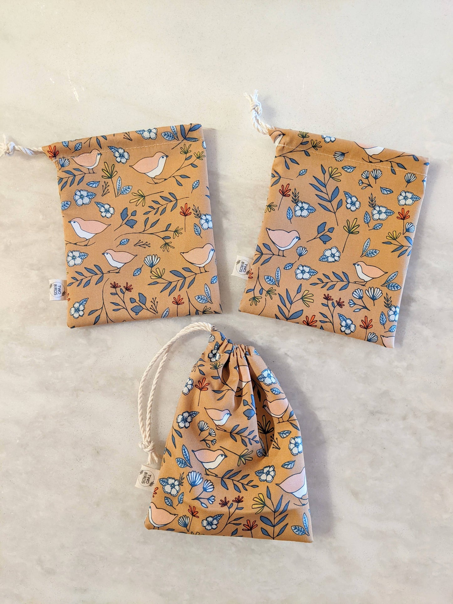 Reusable Fabric Gift Bag - Small with Birds (choose color)