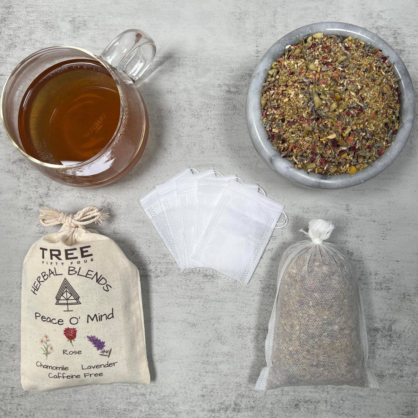 Loose Tea in Drawstring Sachet - Tree Fifty Four - Peace O' Mind Herbal Tea Blend (3oz)