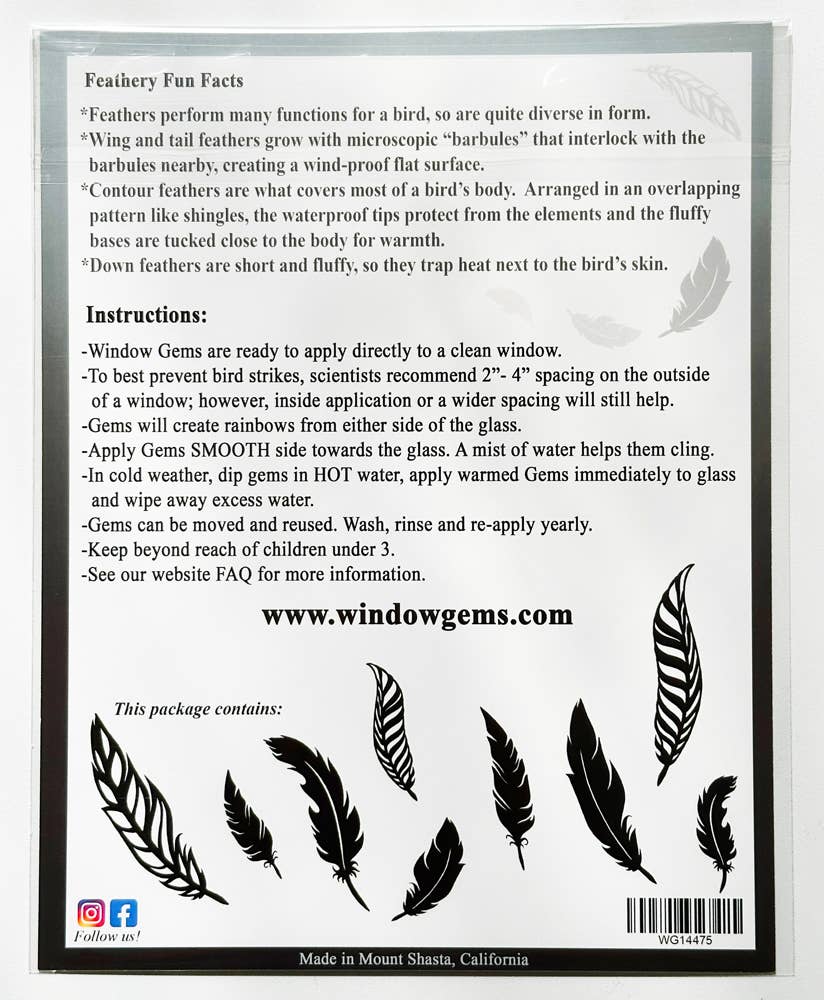 Window Gems - Feathers - Window Clings Bird Strike Prevention Decals