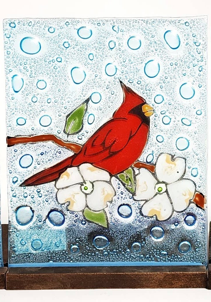 Tea Light Holder - Glass Art - Cardinal on Dogwood Flower