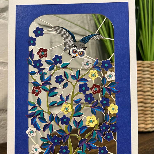 Greeting Card - Laser Cut & Frameable - Owl Flying Over Flowers (Single Card)