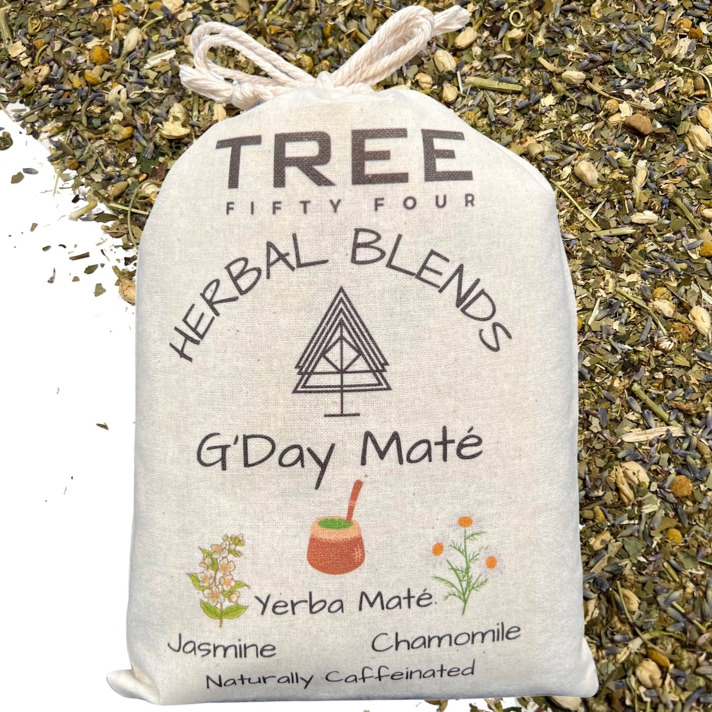 Loose Tea in Drawstring Sachet - Tree Fifty Four - G'Day Maté Herbal Tea Blend (3oz)
