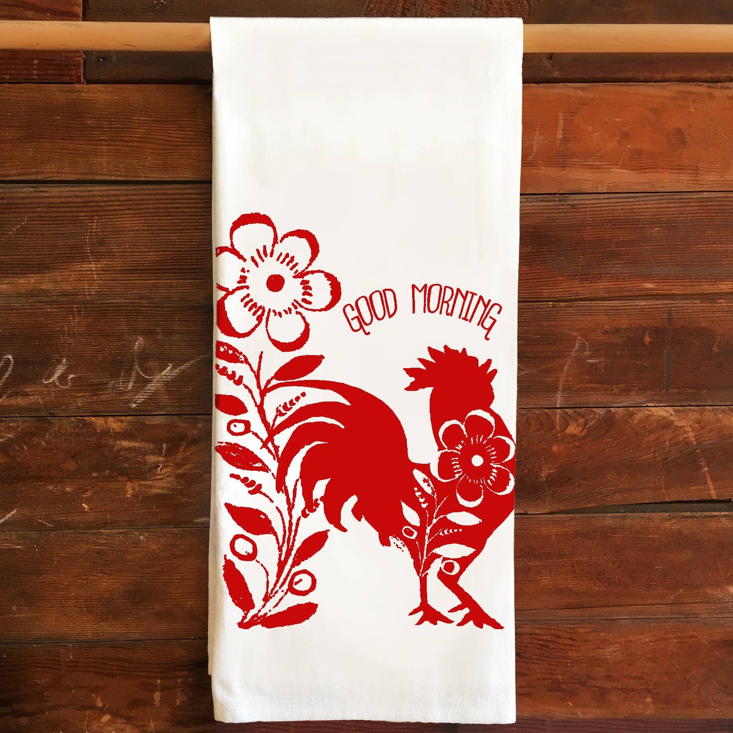 Flour Sack Tea Towel - Rooster Floral Good Morning