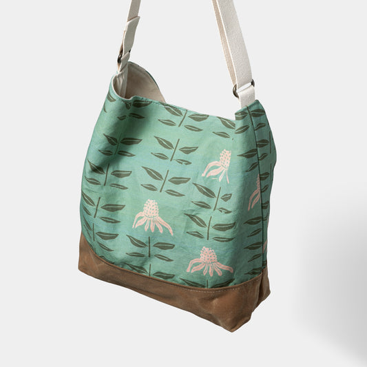 Crossbody Bag - Waxed Canvas - Teal Echinacea