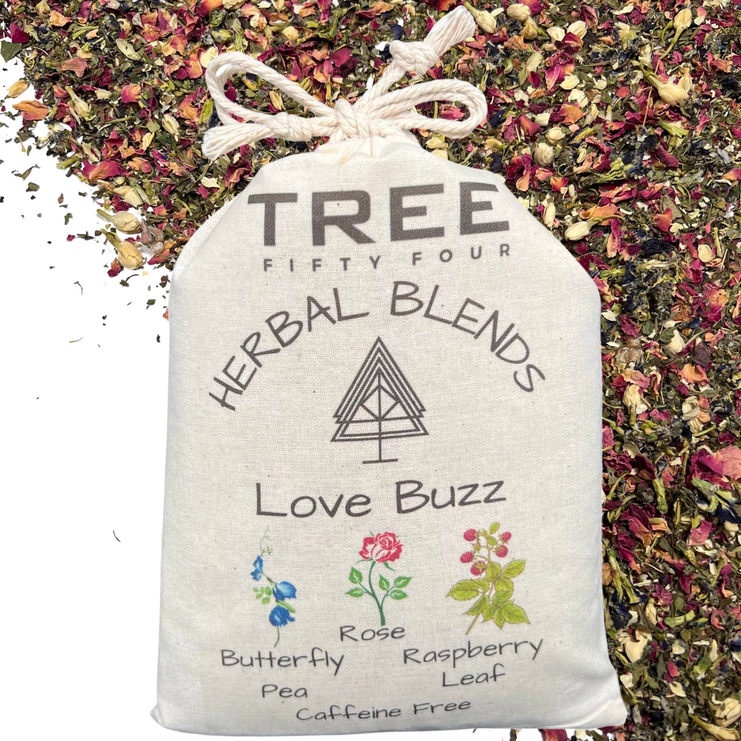 Loose Tea in Drawstring Sachet - Tree Fifty Four - Love Buzz Herbal Tea Blend (3oz)