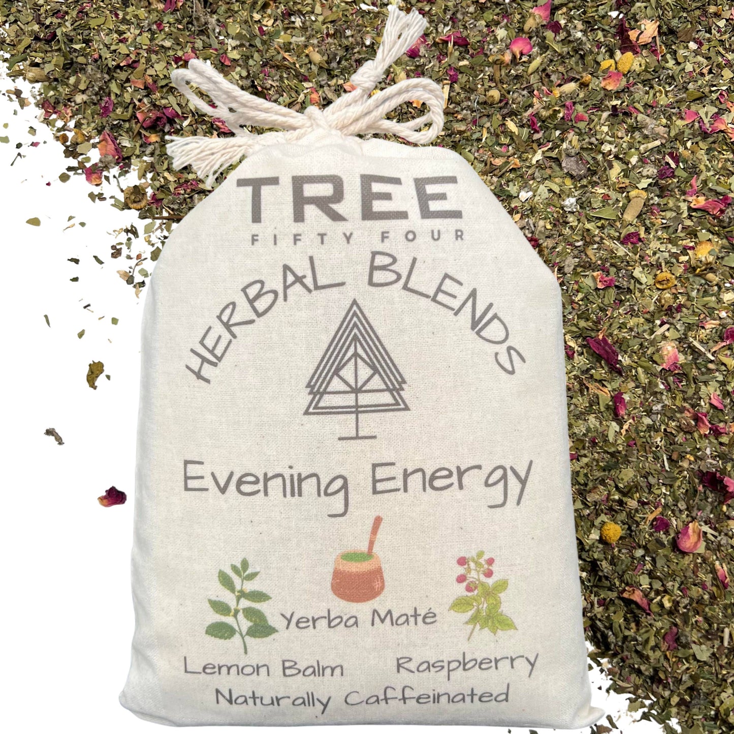 Loose Tea in Drawstring Sachet - Tree Fifty Four - Evening Energy Herbal Tea Blend (3oz)