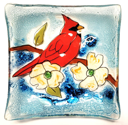 Trinket Dish Glass Art - Cardinal with Dogwood Flower