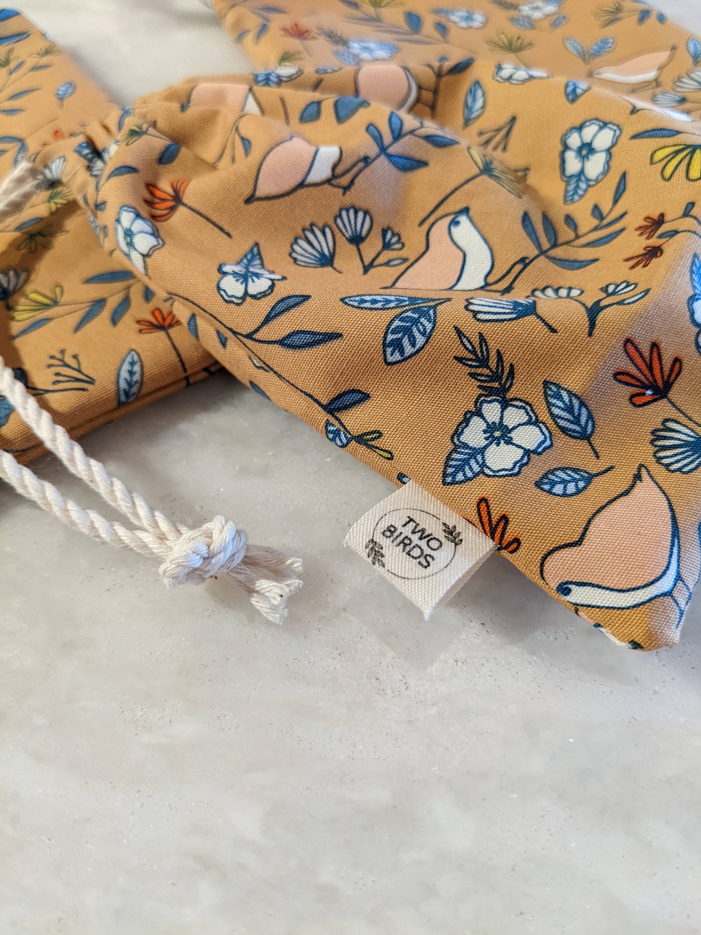 Reusable Fabric Gift Bag - Small with Birds (choose color)