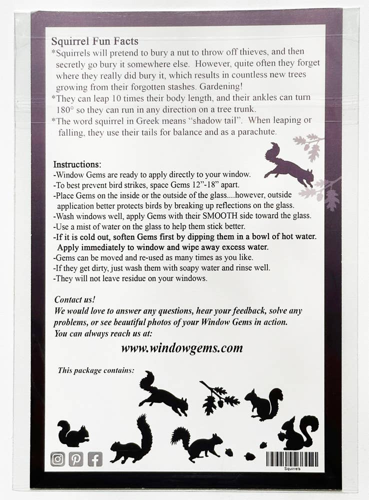 Window Gems - Squirrels - Window Clings Bird Strike Prevention Decals