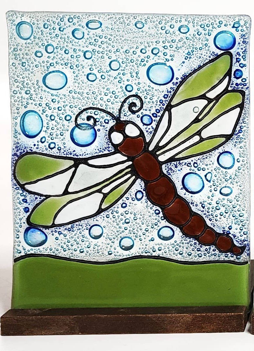 Tea Light Holder - Glass Art - Dragonfly (Green on Blue Background)