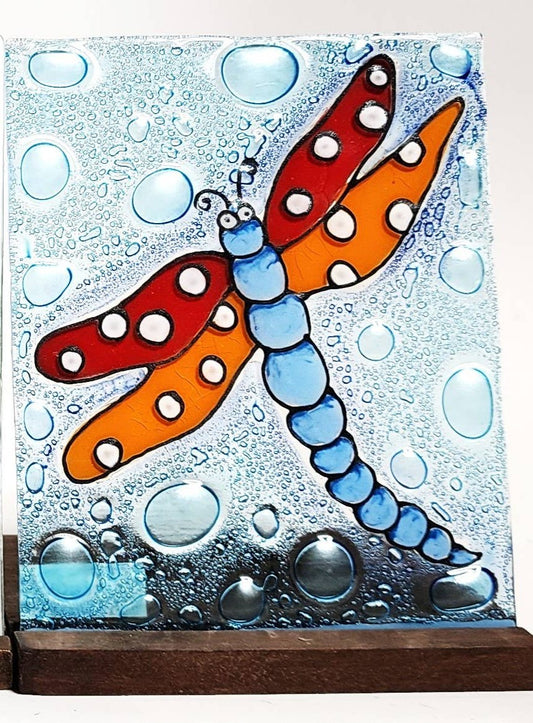 Tea Light Holder - Glass Art - Dragonfly (Orange)