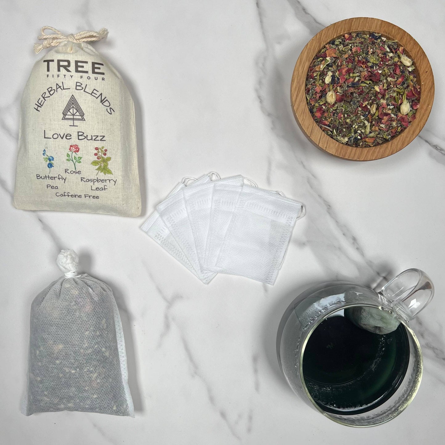 Loose Tea in Drawstring Sachet - Tree Fifty Four - Love Buzz Herbal Tea Blend (3oz)