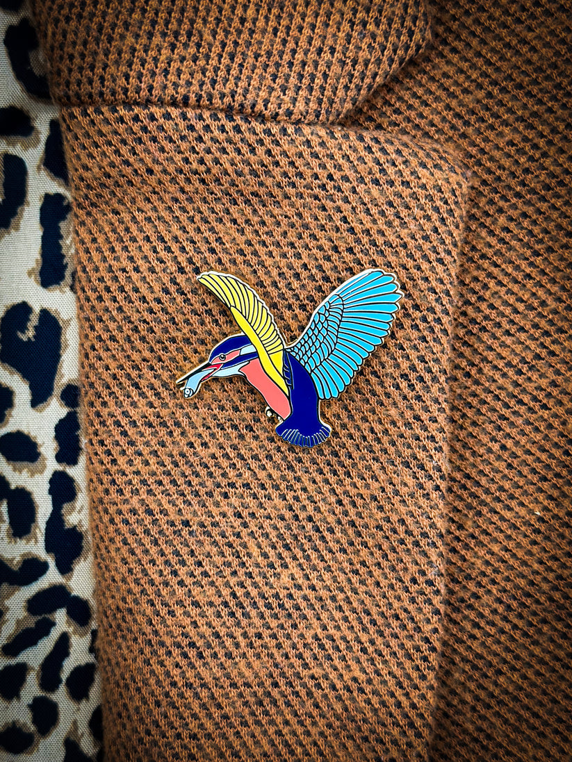 Lapel Pin - Kingfisher in Wooden Gift Box by Montrose Biology (Maker of Ecologies)