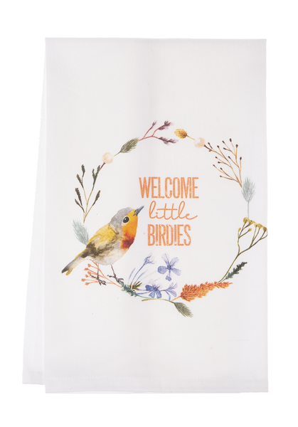 Tea Towel - Welcome Little Birdies Floral Wreath