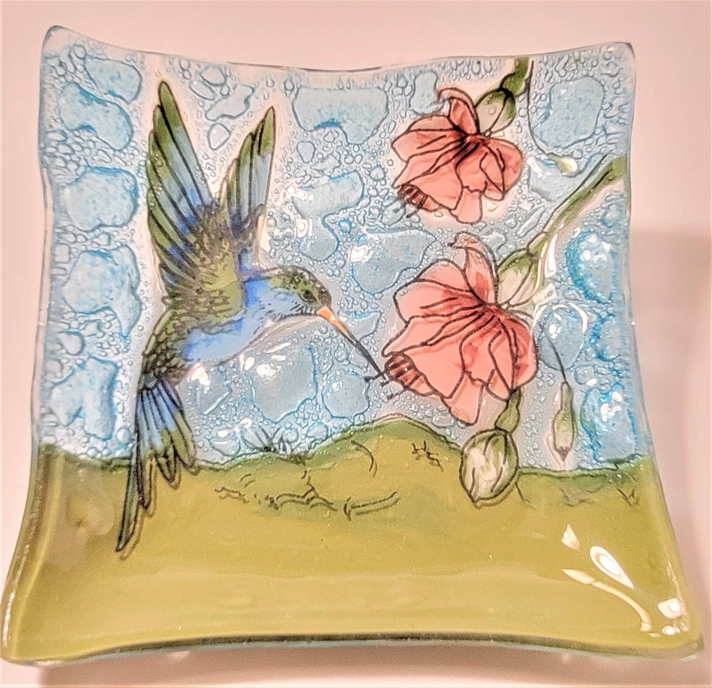 Trinket Dish Glass Art - Hummingbird on Blue