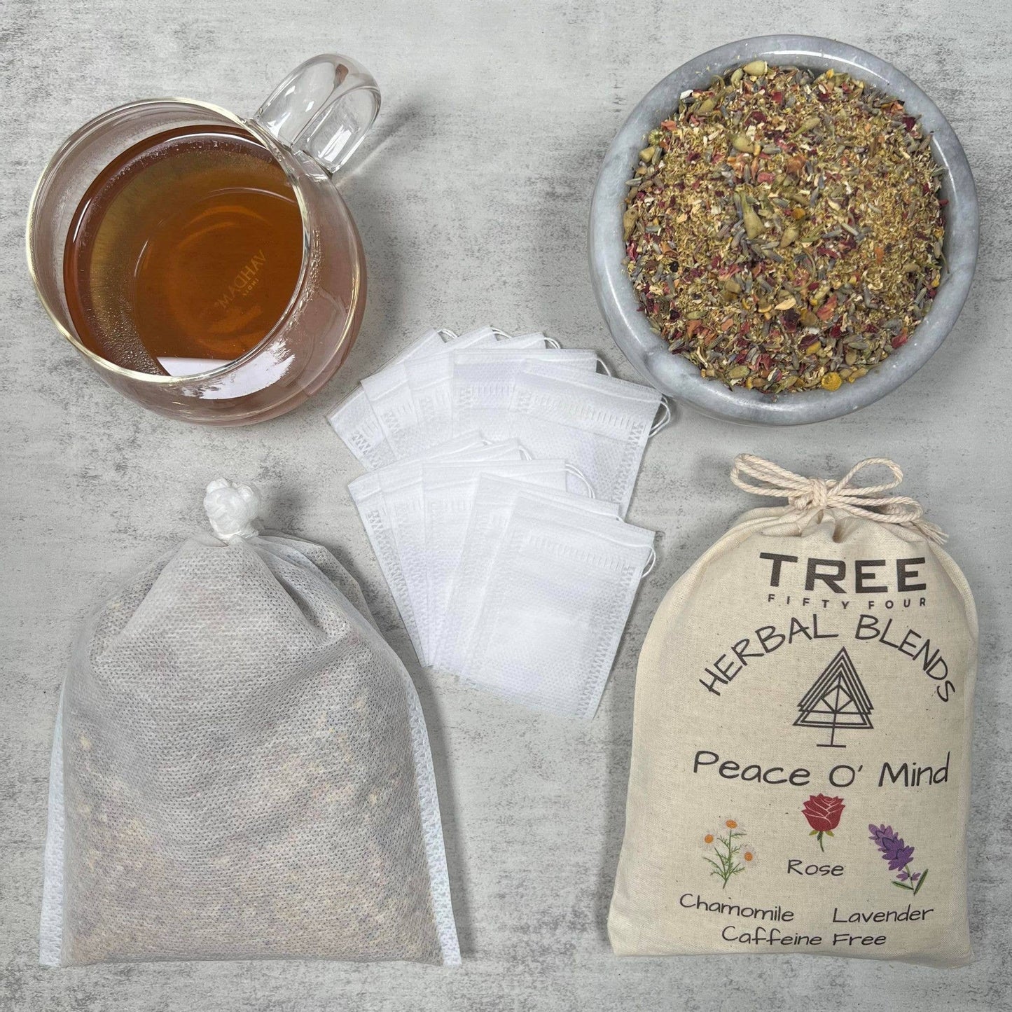 Loose Tea in Drawstring Sachet - Tree Fifty Four - Peace O' Mind Herbal Tea Blend (3oz)
