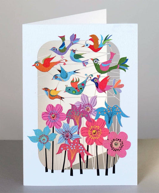 Greeting Card - Laser Cut & Frameable - Birds Flying Over Flowers (Single Card)