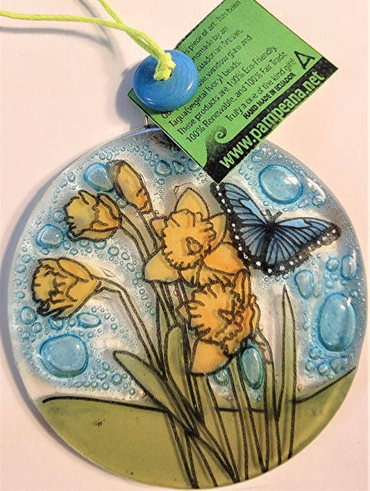 Glass Art Ornament/Suncatcher - Daffodils & Butterfly