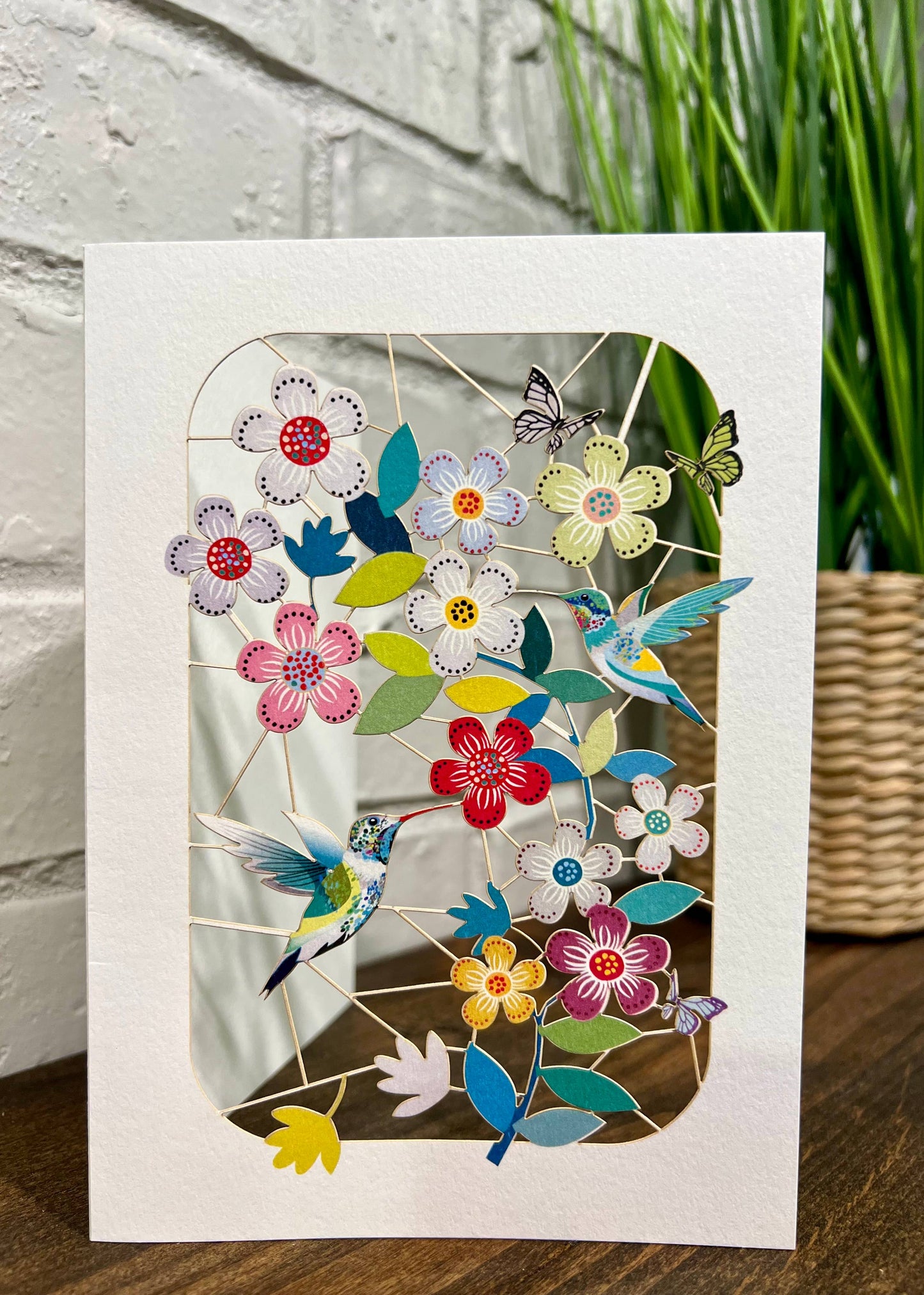 Greeting Card - Laser Cut & Frameable - Hummingbird and Flowers (Single Card)