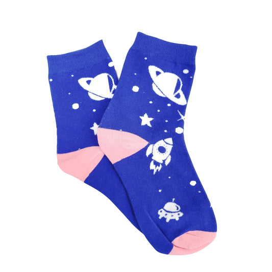 Socks - Adult Small/Tween - Blue Space with Planets and Rocket Ship